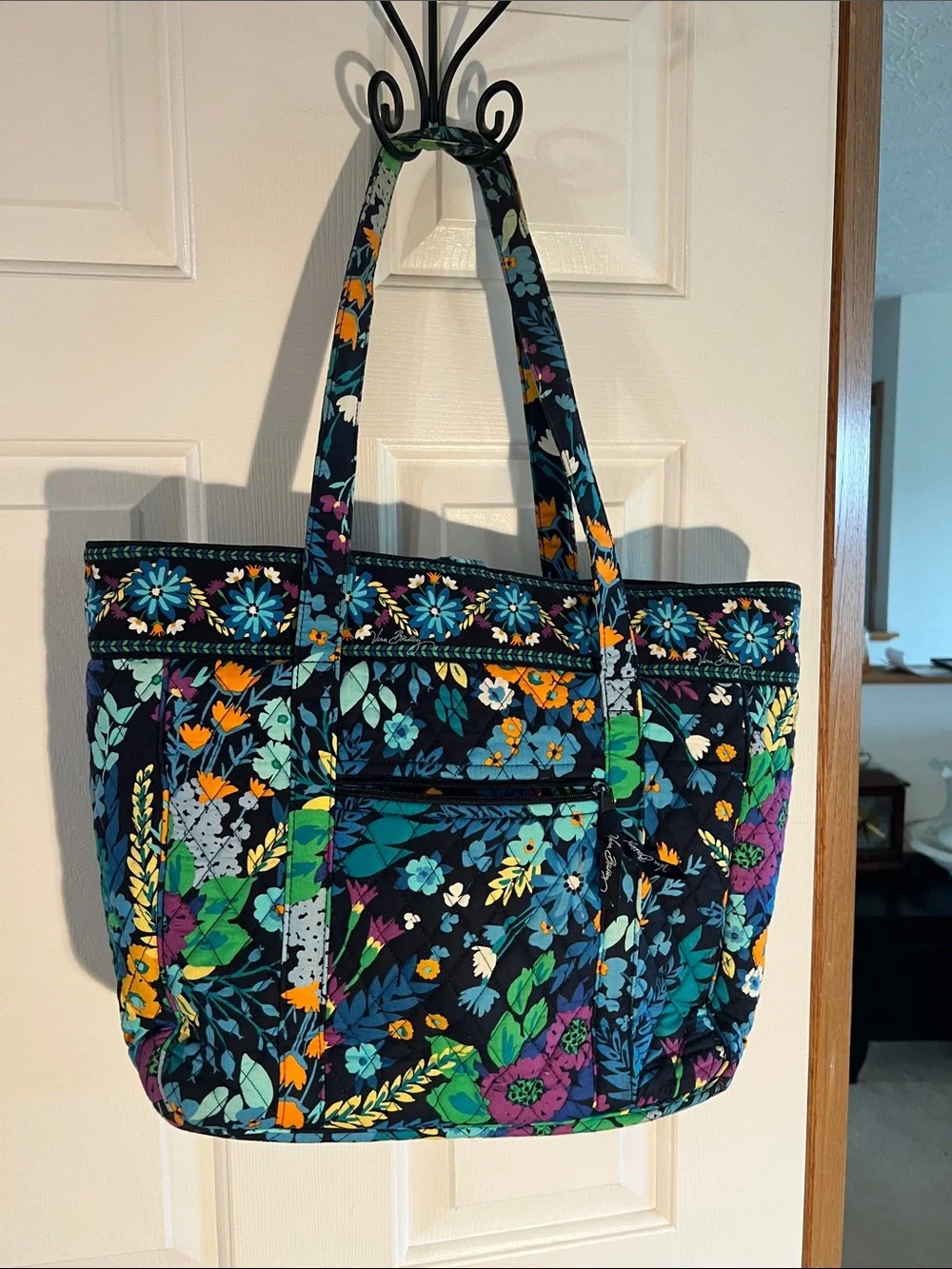 Vera Bradley Navy Floral Quilted Tote with Teal, Orange & Purple Blooms